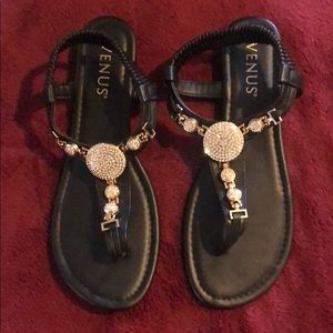 Venus sandal- black leather, gold and rhinestones